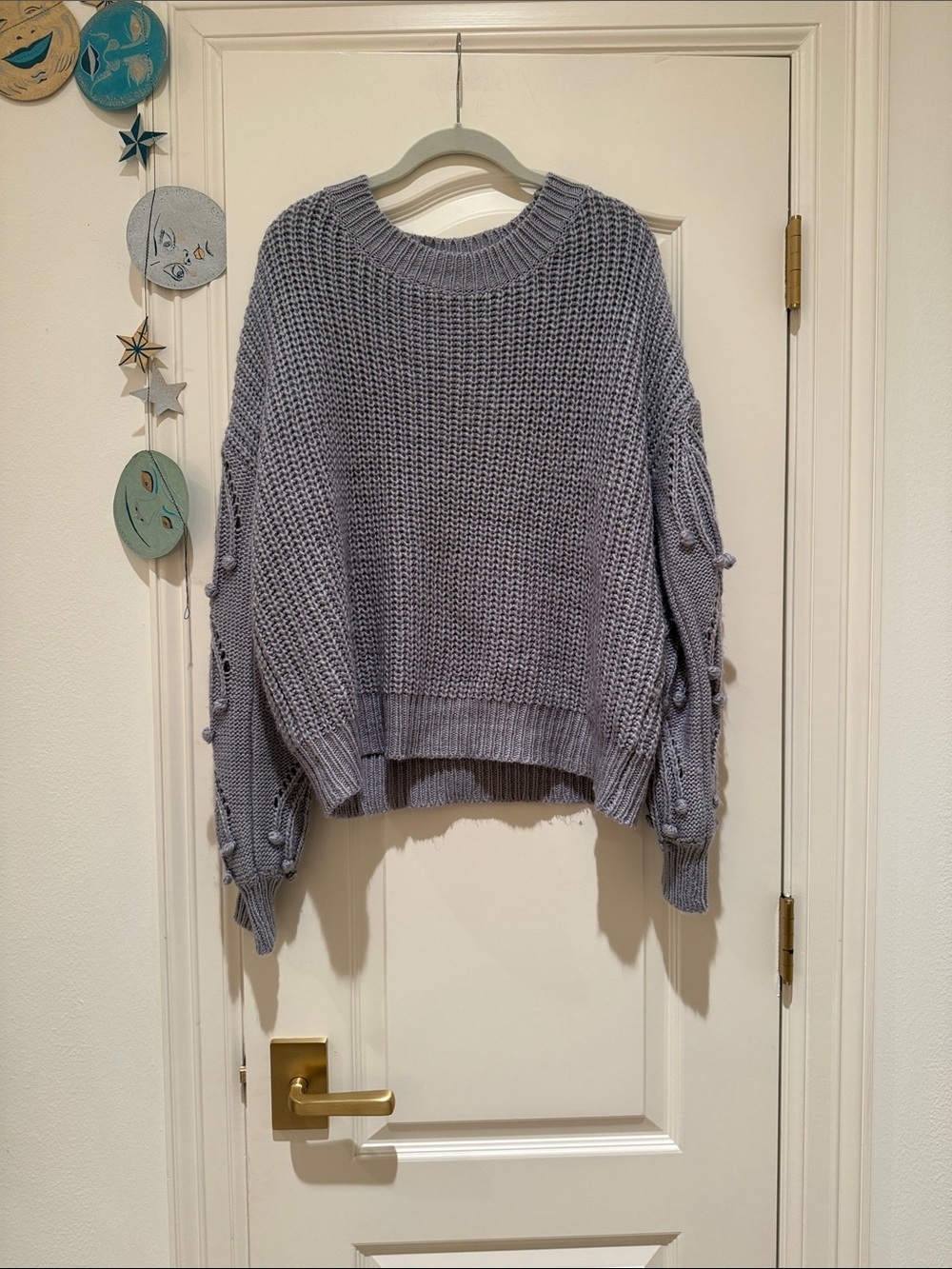 Cozy Pom-Pom Detail Crewneck Sweater in Light Gray